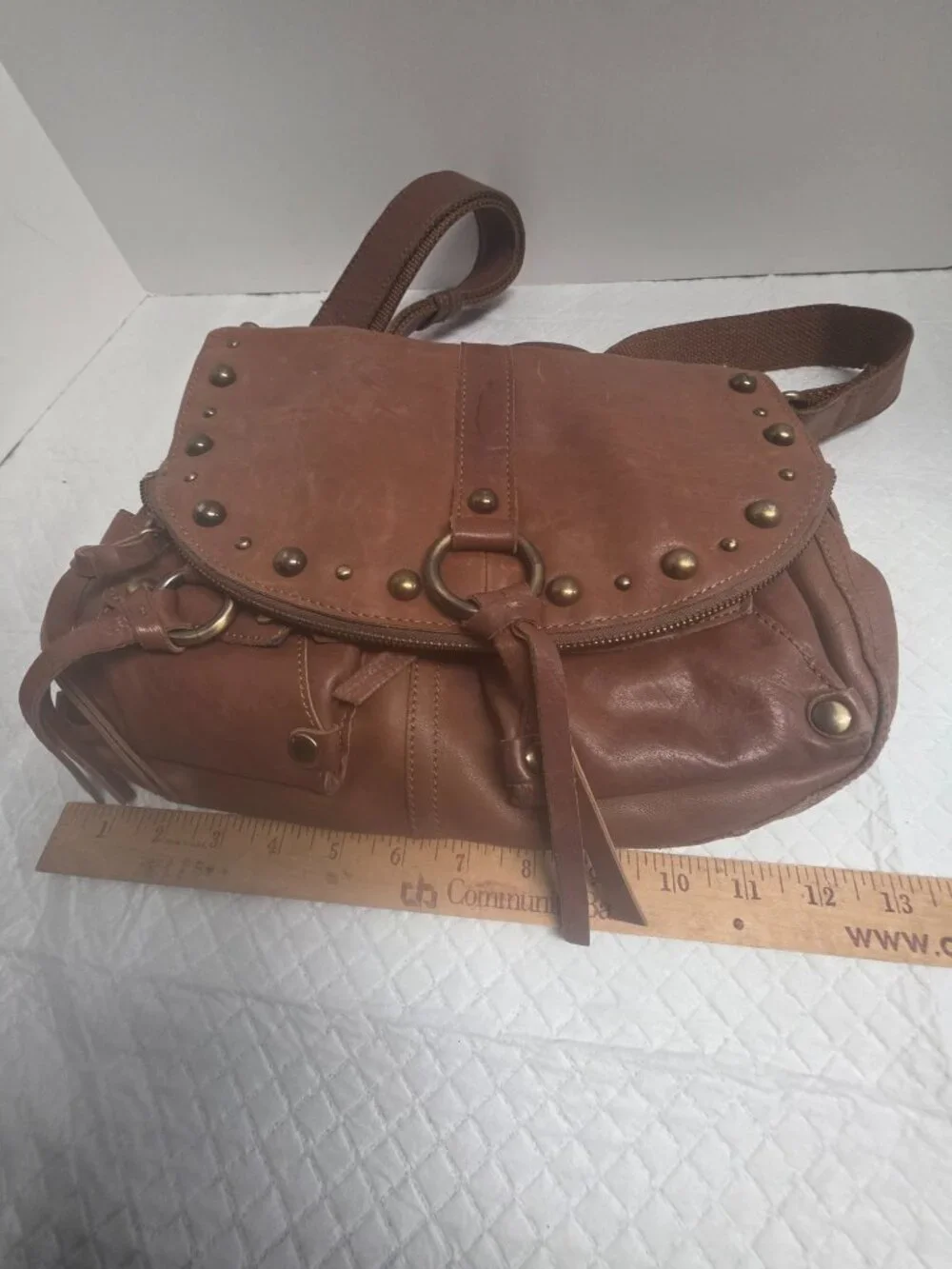 Lucky Brand‎ Tan Leather Studded Crossbody Messenger Bag Boho Tassel Brown